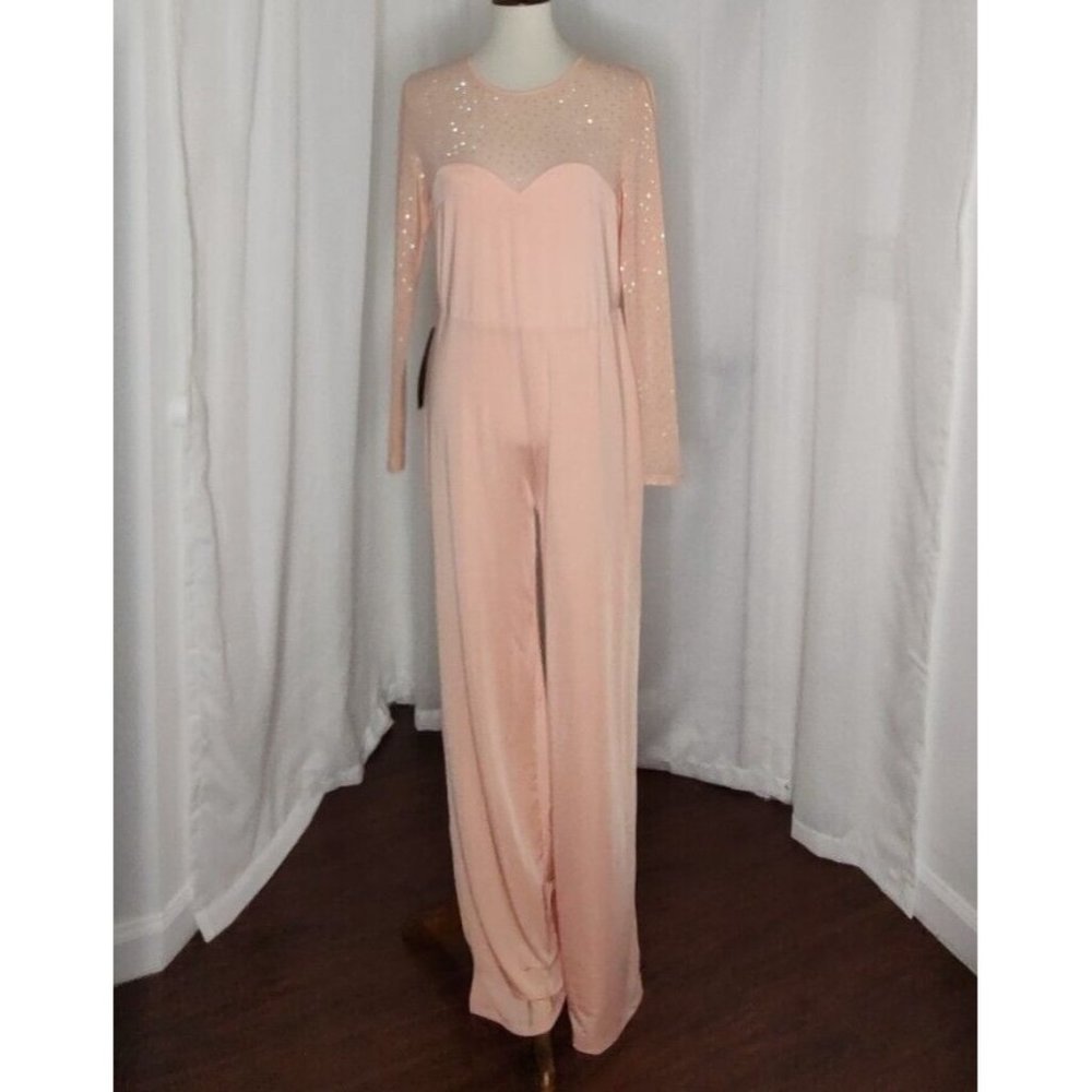 BEBE Jumpsuit L Peach Parfait Embellished Illusion Wide Leg Cocktail Stretch - Picture 5 of 12